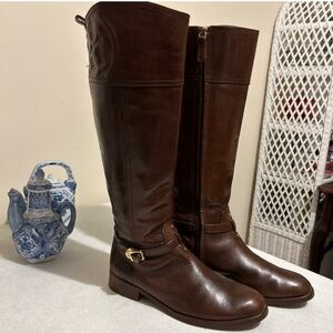 Tory Burch Tall Equestrian Boots Women’s 8.5M Brown Riding Leather Stacked Heel
